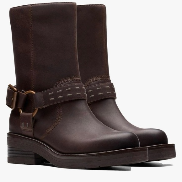 Clarks Shoes - Clarks Rebelle Up Walnut Leather Combat/Moto Boots
